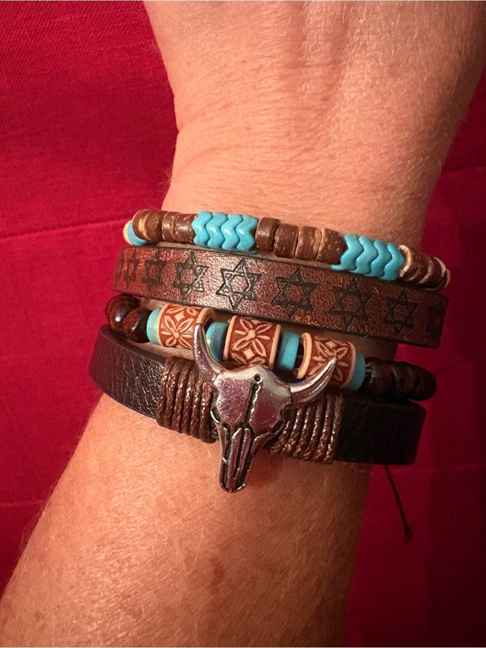 4 Handcrafted Brown Leather & Turquoise Bead Bracelets